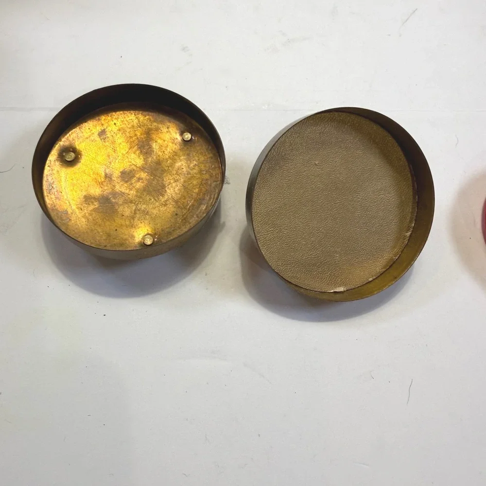 Vintage Brass Sewing Trinket Box Thimble Pincushion Rhinestone Footed 3 Inch